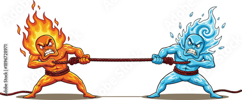 Angry Fire and Ice Muscle Characters Tug of War Competition Vector Illustration