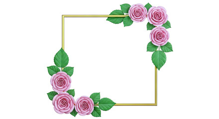 Golden Frame with Pink Roses and Green Leaves