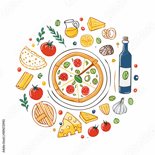 Pizza and Food Ingredients Flat Lay Vector Illustration with Tomato, Cheese, and Oil