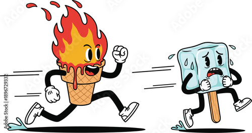 Funny Cartoon Fire Ice Cream Chasing Scared Ice Cube Popsicle Character