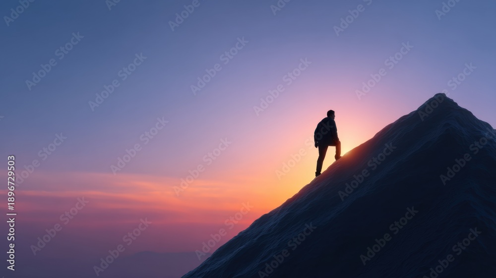 Fototapeta premium Person Climbing Mountain at Sunset, Silhouette Against Vibrant Sky, Adventure and Exploration Concept, Nature Beauty, Freedom and Achievement