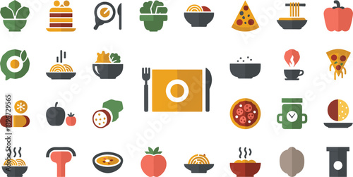 Large set of flat design food icons featuring dinner plates pizza slices pasta bowls and kitchen utensils isolated on grey background for restaurant apps