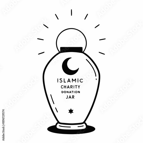 Islamic charity donation jar with crescent logo, encouraging generosity and Zakat contributions