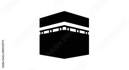 Black graphic illustration of the kaaba cube structure with white details on a plain background