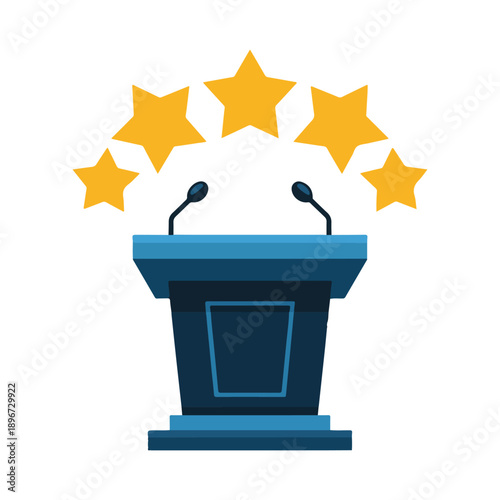 Blue podium with microphones and five golden stars above lectern stage