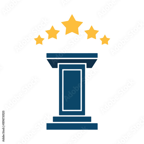 Blue podium with five yellow stars above on white background award.