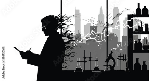 Scientist in silhouette creating a futuristic cityscape with glowing energy and lab equipment