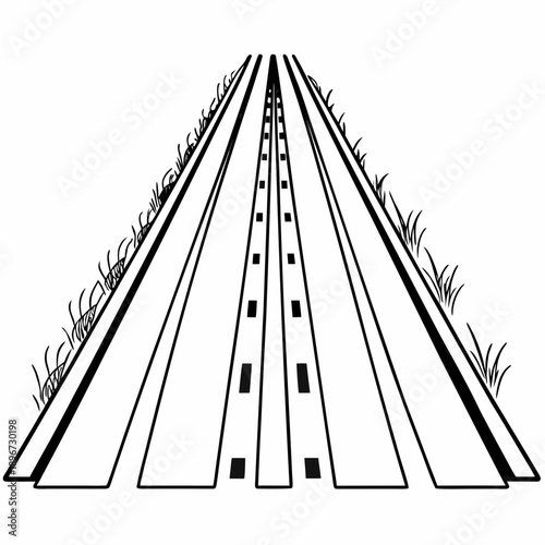 Broken white highway lane lines with long-distance spacing, directing traffic flow on a clear road.