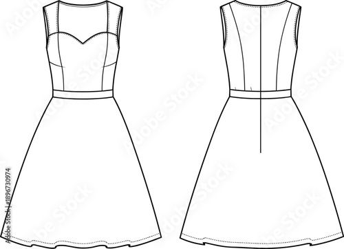 Women's sleeveless retro A-line dress technical flat sketch, featuring a fitted sweetheart neckline bodice, illusion mesh yoke, and flared skirt, isolated vector illustration template.