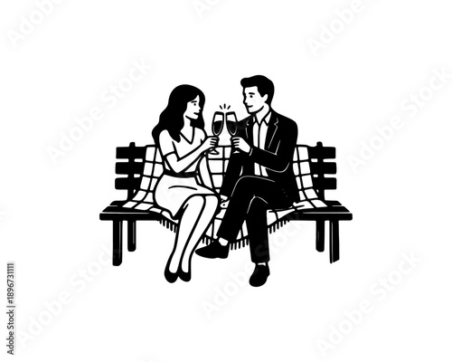 Couple enjoying a peaceful moment on park bench with drinks