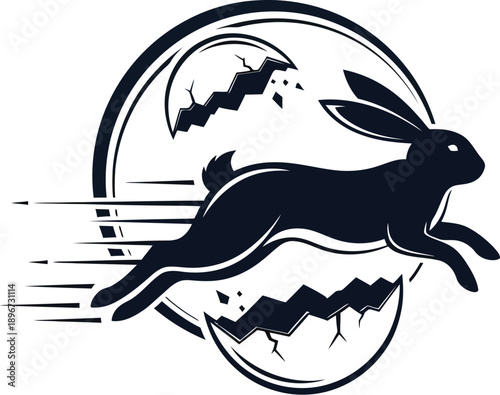 Dynamic silhouette logo featuring a swift rabbit leaping from a cracked egg within a stylized circular frame suggesting motion and speed