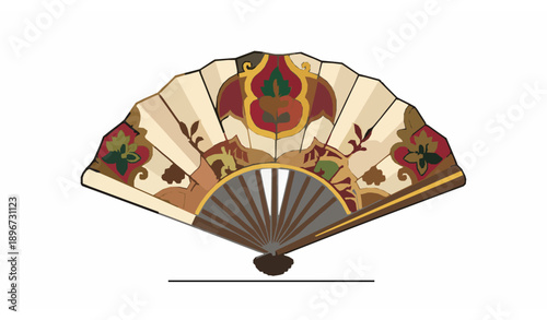Realistic folding hand fan vector illustration with colorful folds and wooden sticks