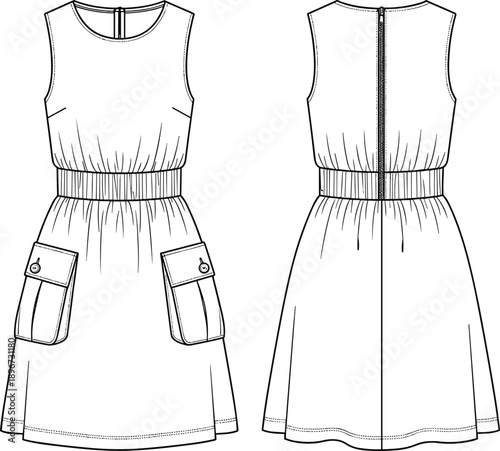 Women's sleeveless utility dress technical flat sketch, featuring shirred waistband, flap pockets, round neck, back zipper, front and back view, isolated vector illustration template.
