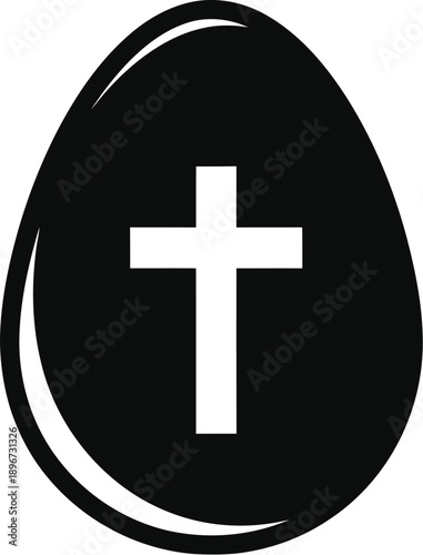 Simple black and white icon depicting an egg silhouette enclosing a prominent white Christian cross symbolizing easter and resurrection concepts.