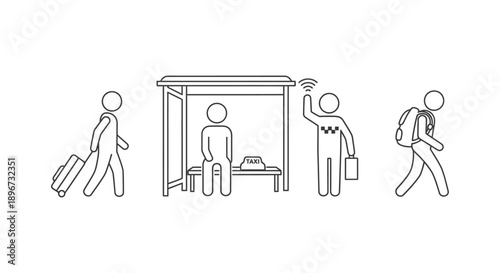 urban transportation stick figures show a traveler bus stop commuter and digital taxi user representing city mobility.