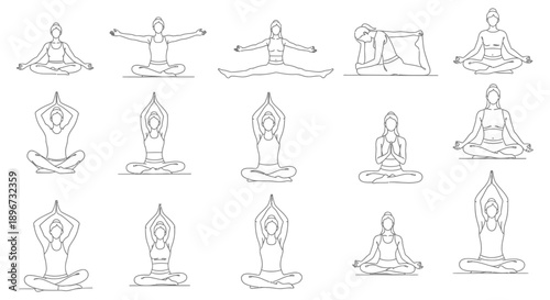 womens diverse yoga poses outline set illustrating mindfulness meditation and healthy lifestyle practices perfect for wellness and fitness content.