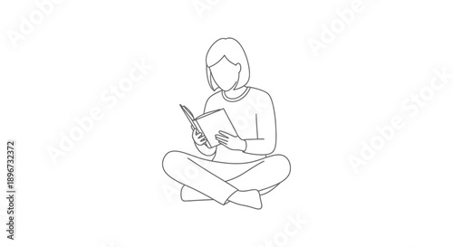 young woman sitting cross-legged fully absorbed in reading a book perfect for illustrating quiet moments learning and self-reflection.