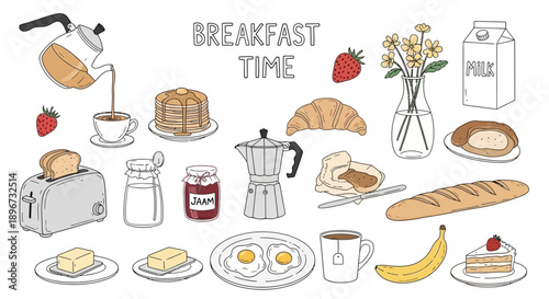 breakfast time illustration with various morning foods and drinks ideal for cafe menus and healthy eating concepts.