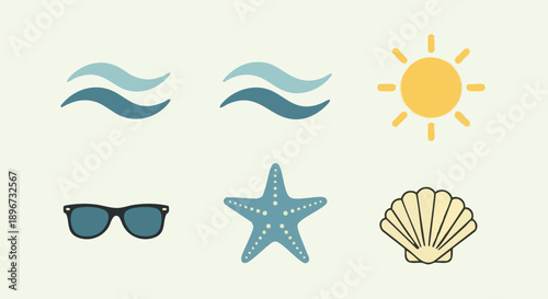 Flat Vector Summer Icons Set. Minimalist Beach and Vacation Symbols: Sun, Waves, Starfish, Shell, Sunglasses.
