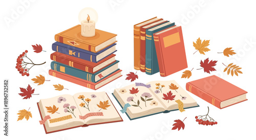 cozy autumn flat lay stacked books lit candle fall leaves open journals pressed flowers for reading.