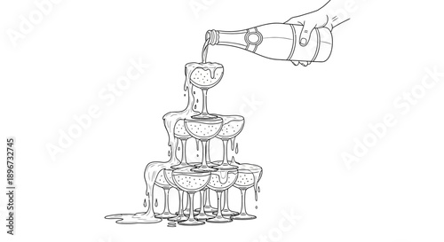 hand pouring sparkling champagne from a bottle onto a multi-tiered champagne tower creating an elegant overflow of bubbly for luxury celebrations.