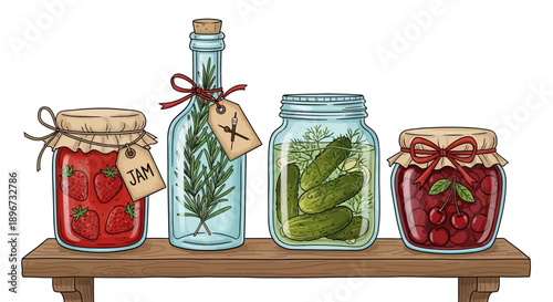 homemade preserved foods strawberry jam pickles cherries and rosemary bottle on rustic shelf for healthy eating.