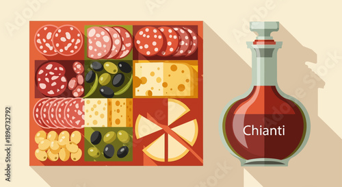 italian charcuterie board flat lay featuring salami cheeses olives and chianti wine decanter for mediterranean food content.