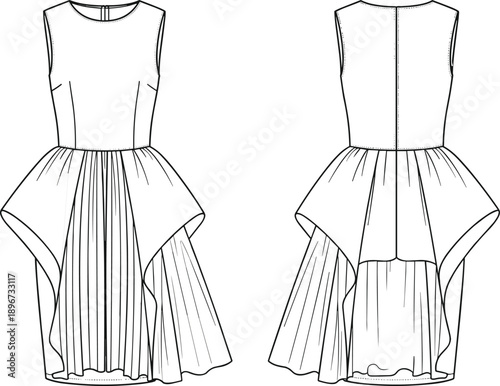 Women's sleeveless high-low party dress technical flat sketch, featuring a fitted bodice, gathered peplum waist, and pleated handkerchief hem skirt, isolated vector illustration template.