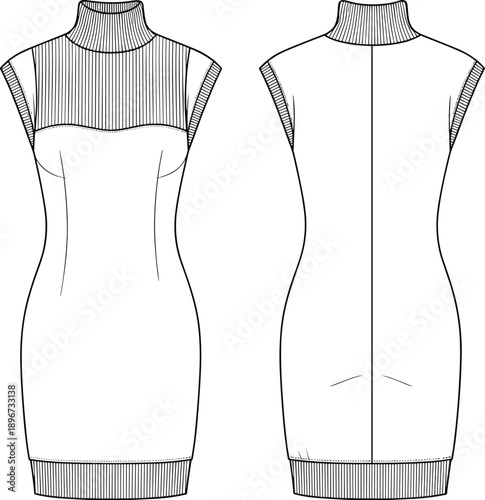 Women's sleeveless knit dress technical flat sketch, featuring turtleneck, ribbed upper bodice, fitted bodycon silhouette, front and back view, isolated vector illustration template.