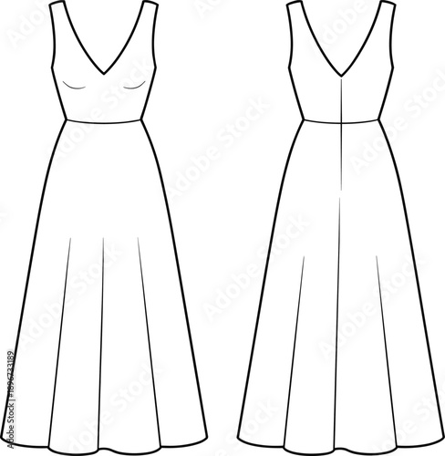Women's sleeveless maxi dress technical flat sketch, featuring deep v-neckline, fitted bodice, flared long skirt, front and back view, isolated vector illustration fashion template.