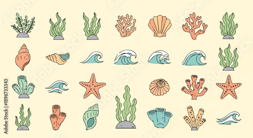 Ocean Life Doodle Collection: Hand-Drawn Marine Vector Icons featuring Seaweed, Coral, Seashells, Starfish, and Water Waves