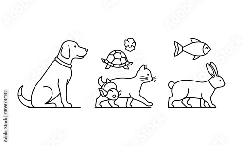 Collection of various pets including a dog, cat, rabbit, fish, and turtle in line art style.