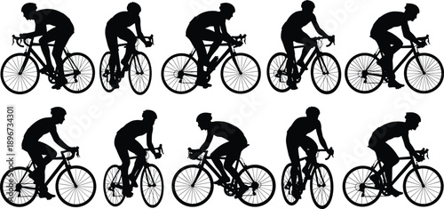 Collection of cyclist silhouettes riding road bikes showing speed endurance fitness cycling sport outdoor training and active lifestyle concept