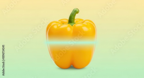 Vibrant yellow bell pepper illuminated by a glowing blue light band on a soft gradient backdrop