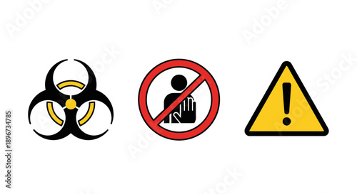 Biohazard, No Entry, and Warning Signs on White Background