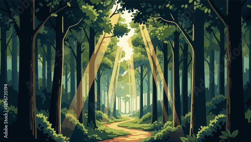 Vector illustration of a serene forest landscape with trees, foliage, pathway, sunlight, and nature from a frontal viewpoint