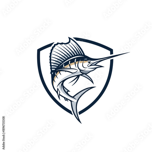 Illustration of a marlin fish head in a shield with a blue and yellow color scheme on a white background.