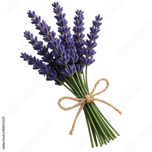Fresh bundle of fragrant lavender tied with twine on a white background
