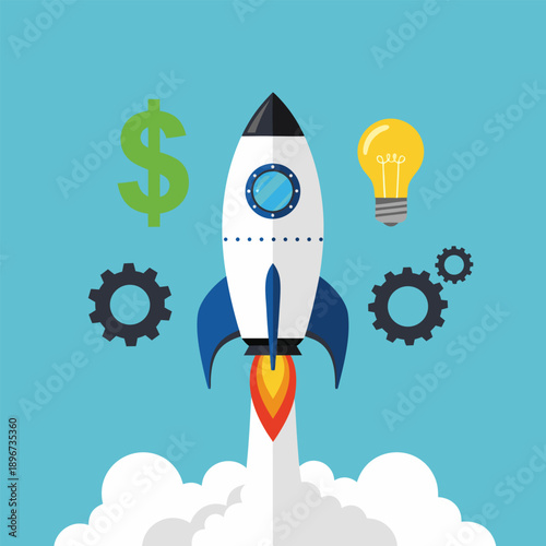 Vector illustration of a rocket launching upwards with gears, dollar sign, and light bulb surrounding it, symbolizing innovative business ideas taking off