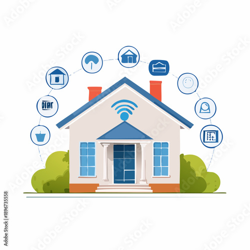 Modern smart home concept House with WiFi, surrounded by icons representing integrated automation and digital services for convenient connected living