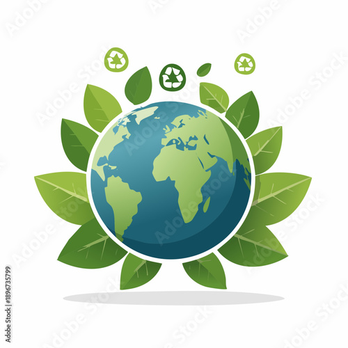 Global environmental protection concept with Earth, green leaves, and recycling symbols. Promoting sustainability and a greener future for our planet