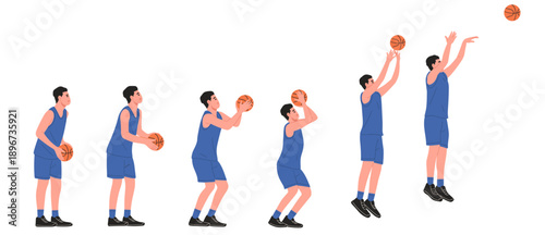 vector showing a basketball player jump shot motion sequence from ball preparation to release.step by step,ideal for basketball training materials, coaching guides, sports education, fitness content