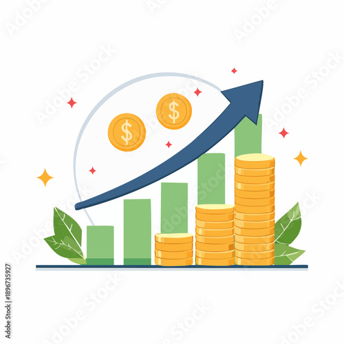 Dynamic illustration symbolizing financial growth, business investment, and increasing wealth, featuring an upward-trending bar chart, stacked gold coins, and a positive progress arrow