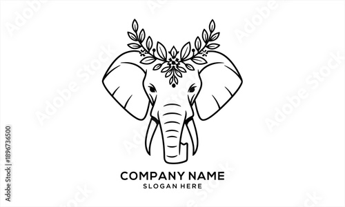 Elegant Elephant Head with Leaf Crown Line Art Logo Design.