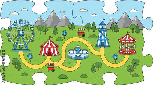 Whimsical amusement park landscape puzzle illustration featuring Ferris wheel carousel circus tent teacup ride mountains trees family fun adventure scene
