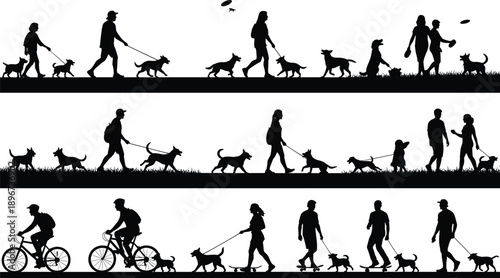 Vector, black, silhouettes, of, people, walking, dogs, on, leashes, riding, bicycles, and, skateboarding, in, a, park, for, outdoor, recreation, fitness, and, pet, care, graphics
