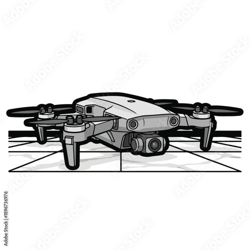 A grayscale drone with four rotors on a tiled surface