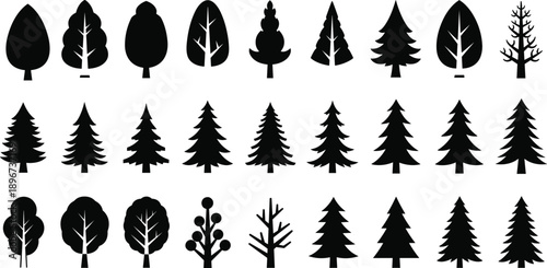 Vector, black, silhouettes, of, various, coniferous, and, deciduous, trees, including, pine, spruce, and, leafy, garden, plants, for, forestry, nature, landscaping, park, and, outdoor, graphics
