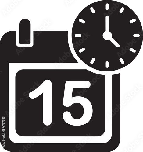 Black calendar icon with clock and fifteen day number