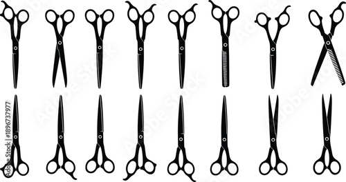 Collection of Hairdresser Scissor Silhouette Vector Illustration Set, Different Barber Shears Thinning Scissors and Hair Cutting Tools for Salon Beauty and Grooming Graphic Design